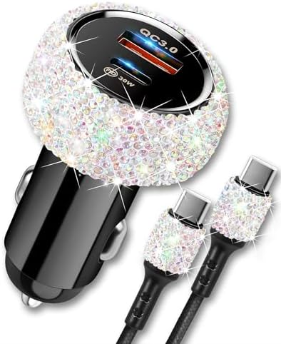 Stylish Pink Bling USB C Car Charger – 48 W Power Delivery & Quick Charge Dual-Port Adapter with 3.2 FT Type-C Cable for i Phone 16, 15 Pro Max, i Pad, Samsung Galaxy & Android Devices – Ultimate Fast Charging Solution for On-the-Go Convenience and Enhanced Compatibility