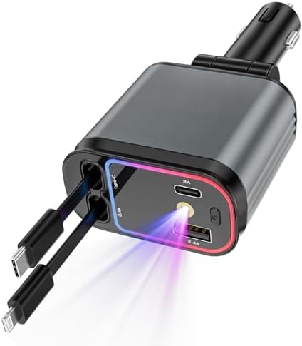 Innovative 66 W Retractable Car Charger Adapter with Ambient Starlight – 4-in-1 Fast Charging USB C Hub for i Phone 16/15/14/13/12/11, Galaxy, and Pixel Devices – Dual Retractable Cables for Effortless Multi-Device Charging and Clutter-Free Travel