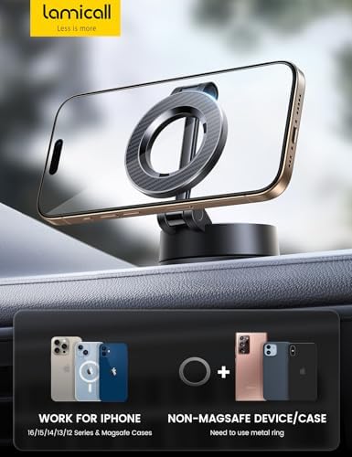 Lamicall Mag Safe Car Mount – 70 LBS Ultra-Stable Magnetic Phone Holder for Secure Dashboard & Windshield Use, 360° Rotatable Viewing for i Phone 16 Pro Max Plus, 15, 14, 13, 12 – Optimal Safety & Effortless Connectivity for All Drivers