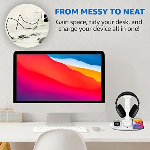Sleek 4-in-1 Wireless Charging Headphone Stand – Universal Dock for i Phone, Apple Watch, Air Pods, and All Headphone Sizes – Fast Charging Hub for Samsung Galaxy, LG, Huawei – Elegant White Desk Organizer for Tech Enthusiasts