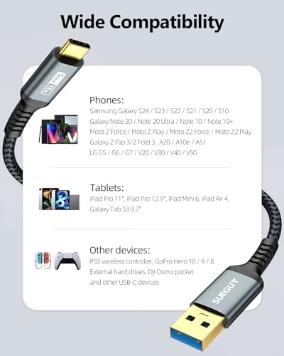 SUNGUY USB C Android Auto Cable 1FT[5Pack], 10Gbps USB C 3.1 Gen2 USB A to USB C Data Transfer Cable, 3A Fast Charging USB Type C Cord for iPhone 16 15 Pro/Pro Max/Plus, Samsung Galaxy S24, Pixel – Enhanced Compatibility and Speed