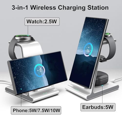 Ultra-Fast 3-in-1 Wireless Charging Dock for Samsung Galaxy Devices – Sleek Space-Saving Charger for Galaxy S25 Ultra, S24, S23, Note 20, Z Flip 6 & Fold 6 – Efficient Power Station for Galaxy Watch Ultra/7/6/5 & Galaxy Buds Pro with Overheat Protection and Modern Design for Home or Office