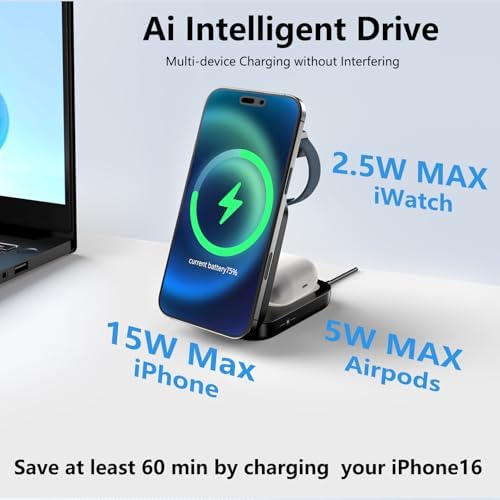 Mag Safe-Compatible 3-in-1 Wireless Charging Station – 15 W Foldable Magnetic Charger for i Phone 16/15/14/13/12, Apple Watch, and Air Pods – Portable Multi-Angle Design for Home, Office, and Travel with Fast Charging & Safety Features – Ideal Gift for Tech Enthusiasts