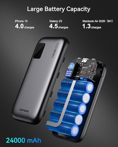 Asper X 24,000 m Ah Power Bank – 145 W High-Speed Portable Charger with Smart TFT Display and PD 3.1 Fast Charging, 3 USB-C Ports for Mac Book, i Phone 16/15/14/13, Dell XPS, Galaxy S24, Steam Deck – Ultimate Power Solution for Travelers and Gamers
