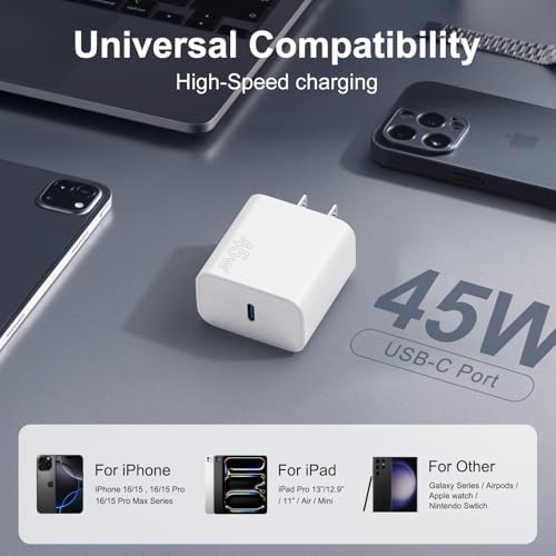 Ultimate 45 W i Phone 16 Fast Charger with 10 FT USB C Cable – Supreme Compatibility for i Phone 16/16 Pro/16 Pro Max/16 Plus & 15/15 Pro/15 Pro Max – Compact Design for Home, Office & Travel – Rapid Power Boosting for Uninterrupted Connectivity – Durable & Reliable Charging Solution with Safety Features