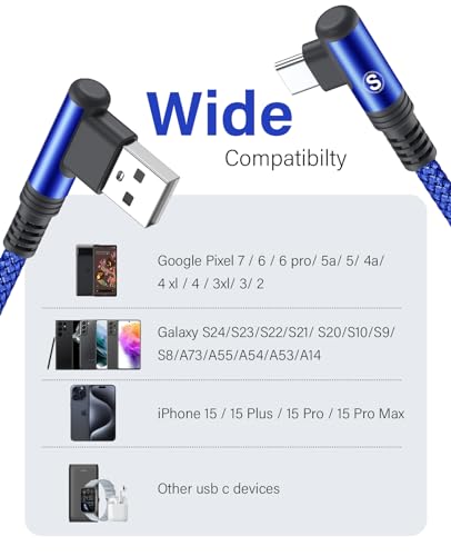 Sweguard 6.6 ft Fast Charging USB to Type C Cable – 2-Pack with 90-Degree Angled Connectors for Enhanced Comfort and Durability – Ideal for i Phone 16, Samsung Galaxy S Series, and Universal Compatibility – Perfect for Home, Office, and Travel Use