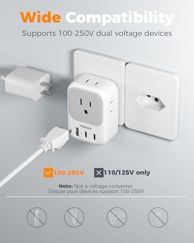 TESSAN Universal European Travel Power Adapter – 3 High-Speed USB Ports (2 USB-C) & 4 AC Outlets for Seamless Device Charging Across France, Germany, Spain, Greece & More – Compact Multi-Port Solution for Global Travelers – Ultimate Type E/F Plug Converter for Efficient Connectivity