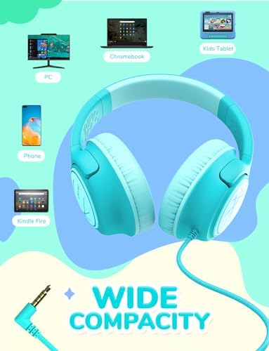 i Clever Kids Headphones: Safe 85 d B Volume Limit, Ergonomic Foldable Design, Superior Stereo Sound, 3.5 mm Jack Compatibility – Ideal for Travel, School & Home Use – Stylish Blue-Green for Boys & Girls