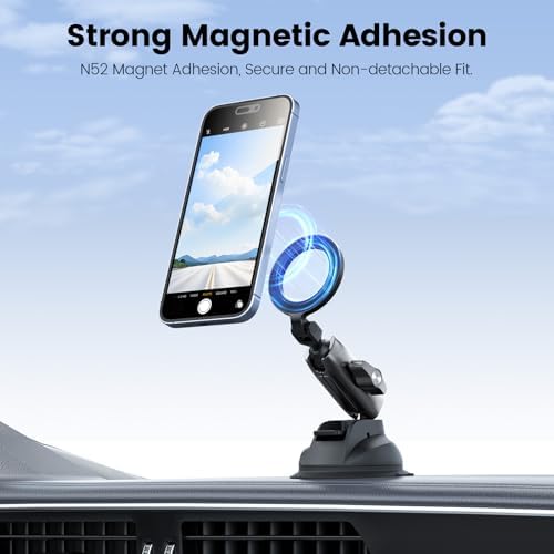 TELESIN Magnetic Aluminum Suction Cup Car Phone Holder – Ultimate 360° Adjustable Mount for i Phone & Android – Enhanced Stability for Video Recording & Navigation – Versatile Dashboard, Windshield & Vent Compatibility – Lightweight, Durable Design for Effortless Use