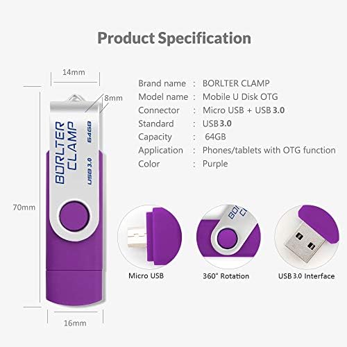 Borlter Clamp 128 GB USB 3.0 Flash Drive – Dual Port OTG Memory Stick with Micro USB for Android Devices & PCs, High-Speed Data Transfer & Portable Swivel Design, Ideal for Photos, Videos & Documents Storage