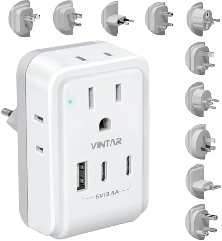 VINTAR All-in-One Global Travel Adapter: Ultimate Universal Power Converter with 4 AC Outlets & 3 High-Speed USB Ports (2 USB-C) – Enhanced Worldwide Compatibility for Europe, UK, Australia, Japan, and Africa – Must-Have Travel Accessory with Interchangeable Plug Attachments for Effortless Device Charging
