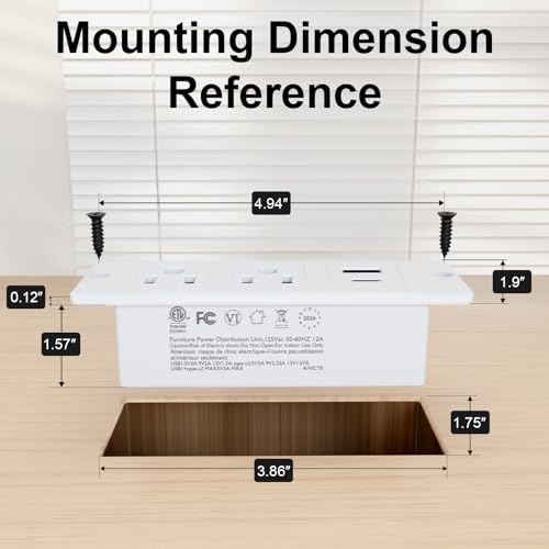 Recessed Drawer Power Strip Kit: Clutter-Free Charging Solution with PD 20 W Fast Charge, Dual USB Ports (Type A & C), and Dual 12 Amp AC Outlets – 7.2 FT Cord for Flexible Setup and Enhanced Workspace Efficiency