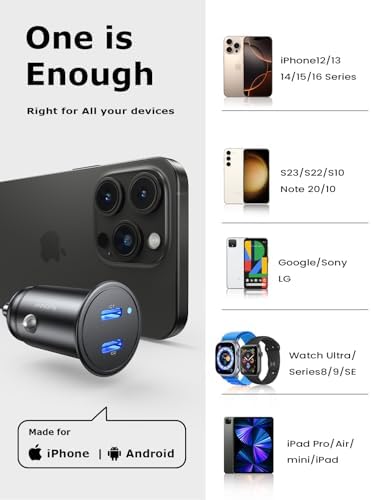 AINOPE 56 W Ultra-Compact USB C Car Charger – Dual USB PD 3.0 Fast Charging Adapter for i Phone 15 Series, Galaxy Devices & i Pad Pro – Travel-Ready Design with Advanced Safety Features for Effortless Power On-the-Go