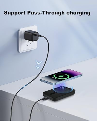 Miady Ultra-Lightweight Mag Safe-Compatible Mini Power Bank – 5000 m Ah Slim Rechargeable Charger with Strong Magnetic Attachment for i Phone 12/13/14/15/16 – Fast USB-C Recharging & Reliable Wireless Charging with Battery Level Indicators for On-the-Go Convenience