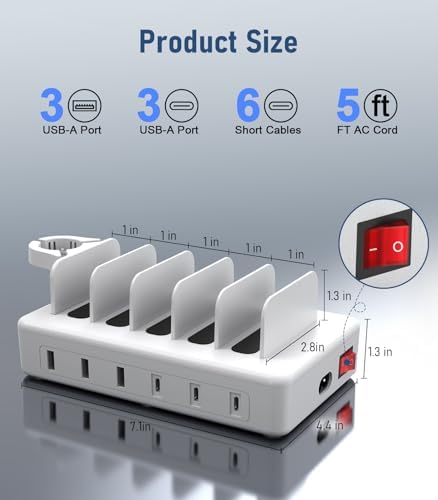 Ultimate 96 W Multi-Device Charging Station – Creative Design’s 6-Port USB-C Hub with 3 PD 20 W Fast Charging Ports for Phones, Tablets, and E-Readers – Streamlined Organization, Enhanced Safety Features, and Universal Compatibility for Your Tech Essentials