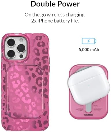 Stylish Hot Pink Leopard VELVET CAVIAR Magnetic Power Bank – Mag Safe Compatible Slim Charger for i Phone 12, 13, 14, 15 – Fast 5000 m Ah Portable Battery Pack with USB-C for Effortless Charging on the Go