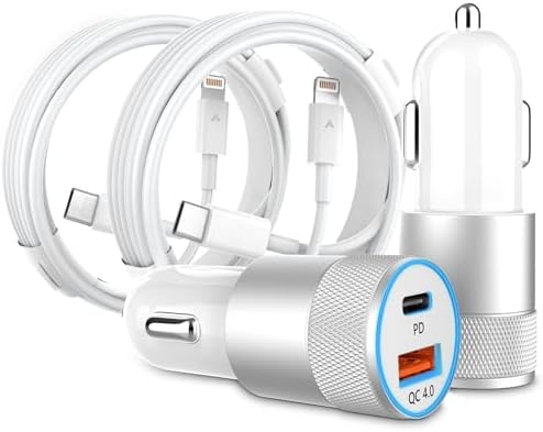 48 W Dual Port USB-C Car Charger with Lightning Cables – Apple MFi Certified Fast Charging Solution for i Phone, i Pad, and Air Pods – Durable All-Metal Design for Enhanced Portability and Efficiency – Ideal for Car Play and On-the-Go Charging Needs