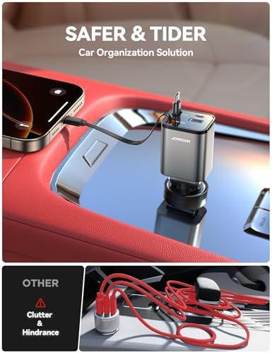 JOYROOM Ultra-Compact 84 W Retractable Car Charger – Fast USB-C Charging for i Phone 12-16 | Travel Essential Car Adapter for Quick Device Power-Up | Sleek Design, Tangle-Free Cable, Perfect Gift for Men & Women
