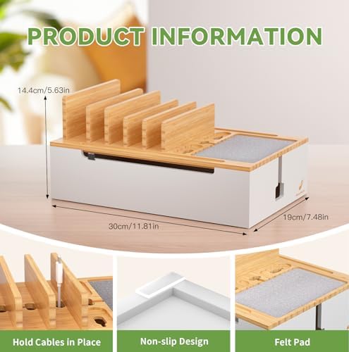 Pezin & Hulin Eco-Friendly Bamboo Charging Station – 10-Port USB Dock Organizer with 6 Cables, Enhanced Power Supply & Cable Management for Multi-Device Charging, Sleek Natural and Black Design for Homes and Offices