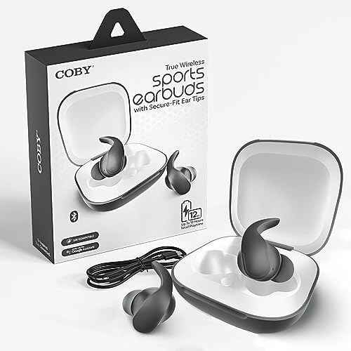 Coby Sports True Wireless Earbuds with Secure-Fit Ear Tips | Premium Noise-Isolating In-Ear Headphones for Active Lifestyles | 12-Hour Playtime & Sweat-Resistant Design | Bluetooth Connectivity for Seamless Audio Experience | Stylish Gray Finish for Fitness Enthusiasts