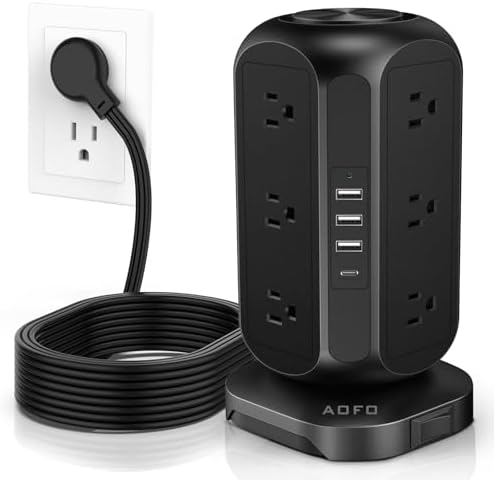 Revolutionize Your Charging Experience with the AOFO Power Strip Tower: 12 AC Outlets & 4 USB Ports (1 USB-C) Surge Protector with 10 Ft Extension Cord, Overload Protection, and Bulky Plug Compatibility for Home, Office, and Dorm Efficiency.