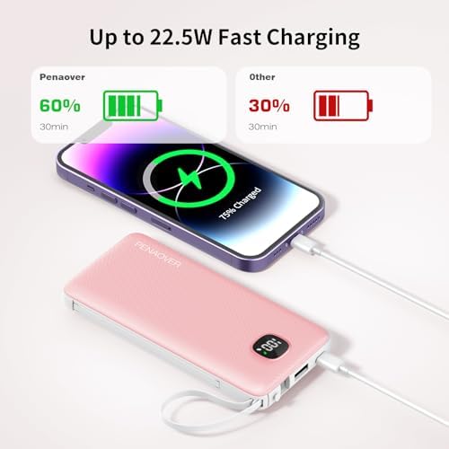 Ultra-Slim 10000 m Ah Fast Charging Power Bank with Built-In Cables & AC Plug – Versatile 5 Output USB-C Portable Charger for i Phones, Samsung, Android & More – Perfect for Travel & On-the-Go Power Solutions
