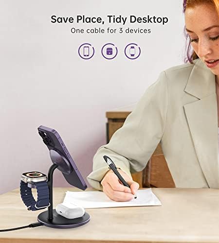 Sleek Yellow Wood Grain 3-in-1 Wireless Charging Station for Apple Devices – Fast 15 W Mag-Safe Charger with QC 3.0 Adapter for i Phone 16/15/14/13/12, Apple Watch Ultra/S9/8, and Air Pods – Elevate Your Workspace with Ultimate Compatibility and Modern Aesthetics, Perfect for Streamlined Charging Solutions