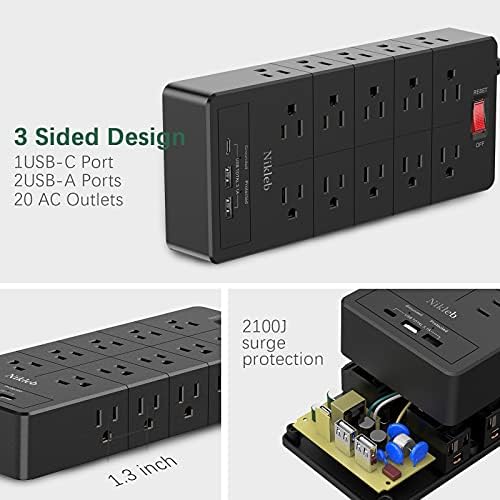 Maximize Your Power with the 23-in-1 Heavy Duty Surge Protector Power Strip – 20 Outlets Plus 2 USB and 1 USB-C Ports, 6 ft Wall-Mountable Extension Cord for Efficient Gaming, Office, and Home Setup – Unmatched Compatibility and Fast Charging Solutions