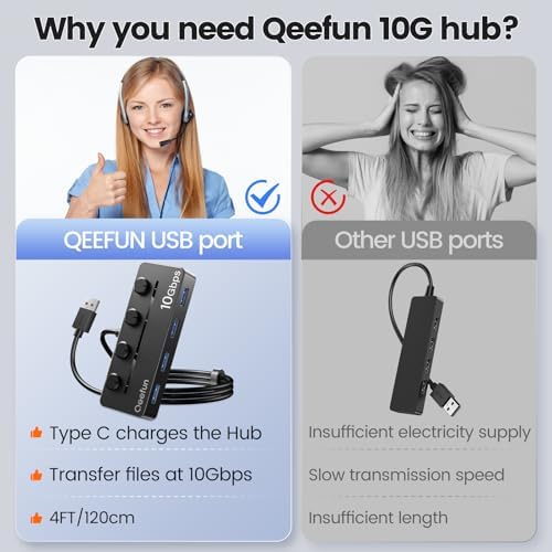 Revolutionize Your Connectivity with the Qeefun 4-Port USB 3.0 Hub – High-Speed 5 Gbps Data Transfer, Individual LED Power Switches, and 2 ft Extension Cable for Ultimate Flexibility – Perfect USB Splitter for Laptops, PCs, i Macs, and More! Enhance Your Workspace Efficiency and Control Multiple Devices Effortlessly!