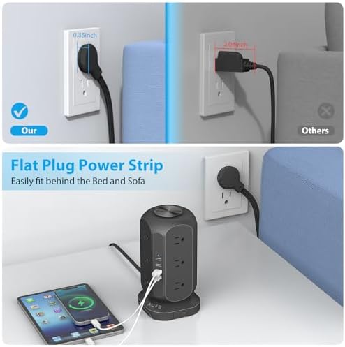 Revolutionize Your Charging Experience with the AOFO Power Strip Tower: 12 AC Outlets & 4 USB Ports (1 USB-C) Surge Protector with 10 Ft Extension Cord, Overload Protection, and Bulky Plug Compatibility for Home, Office, and Dorm Efficiency.