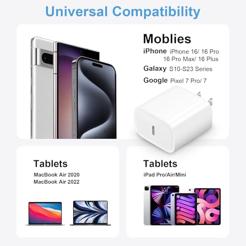 Ultra-Fast Charging Pack: 3 x 20 W USB-C Wall Chargers & 6 FT MFi Certified Cables for i Phone 16/15 Series – Compatible with i Pad Pro & Air Pods, Perfect for Home & Travel Use