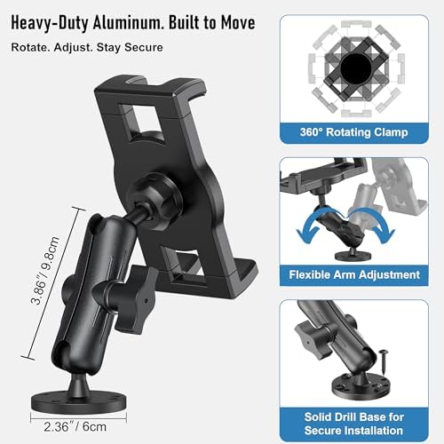 Heavy-Duty Industrial Tablet Mount for Vehicles – Adjustable Aluminum Arm for 4.7″-12.9″ Devices, Ultimate Stability Drill Base, Perfect for Trucks, Boats, and Workspaces – Versatile Dashboard & Wall Installation in Sleek Black Finish