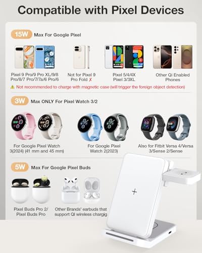 Foldable 3-in-1 Wireless Charging Station for Google Pixel Watch 1 st – 15 W Fast Charger for Pixel 9 Pro/XL, 8/7/6 Series, and Pixel Buds Pro/2 – Compact Travel Design with QC 18 W Adapter – Perfect for Home and Office Use