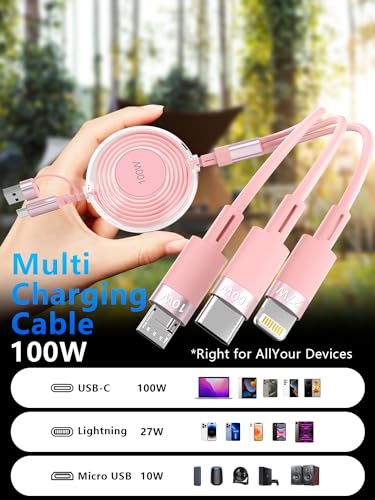 Versatile 3-in-1 Retractable Multi Charging Cable – 100 W USB-C Fast Charger for i Phone 15, 14, 13 & Samsung Devices – Stylish 4 FT Tangle-Free Cord in Elegant Pink – Essential Travel Companion for Quick Charging and Enhanced Compatibility