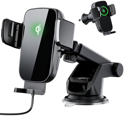 Revolutionize Your Driving Experience with Our Qi 15 W Fast Charging Wireless Car Phone Holder – Auto-Clamping Mount for Seamless Smartphone Access and Compatibility with i Phone 16 Pro Max, Samsung Galaxy S24 Ultra, and More – Multi-Position Dashboard, Air Vent, and Windshield Options for Ultimate Convenience and Style