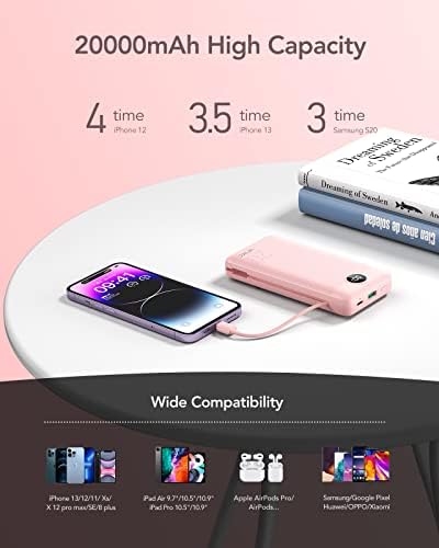 VRURC 20000 m Ah Pink Portable Charger – Fast Charging Power Bank with Built-in Wall Plug & Cables, LED Display, 4 Outputs & Dual Inputs for Effortless Travel Charging Solutions, Ideal for Busy Lifestyles and Enhanced Device Compatibility