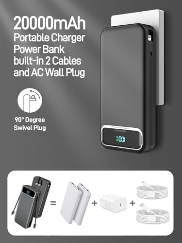 Ultimate 20,000 m Ah Portable Charger with Built-in Cables & AC Plug – Super Fast PD20 W & SCP22.5 W USB-C Power Bank for Quick Device Charging – LED Display & Universal Compatibility for i Phone, Samsung & More – Essential Travel Accessory for On-the-Go Power Solutions