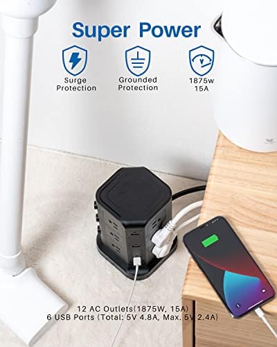 KOOSLA Power Strip Tower – 12 AC Outlets & 6 High-Speed USB Ports with 15 A Surge Protection – 6.5 ft Heavy-Duty Extension Cord for Home Office & Dorm Room – Compact Design for Efficient Power Distribution – Versatile Charging Station for Multiple Devices