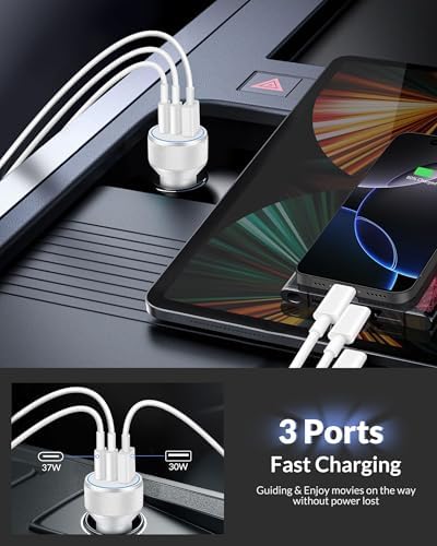 Premium 3-Port 67 W USB-C Car Charger for i Phone 16 & 15 – Dual Pack Fast Charging Adapter with Two 3 FT Cables – Multi-Device Compatibility for i Pads & Air Pods – Compact, Durable Design for Road Trips & Daily Commutes