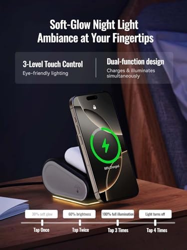 Ultimate 4-in-1 Wireless Charger for i Phone, Air Pods Pro 2, and Apple Watch – Foldable Travel Charging Station with Mag Safe Technology for Enhanced Compatibility and Fast Charging, Featuring Innovative Pop-Up Design and Adjustable Night Light for Convenient Multi-Device Use