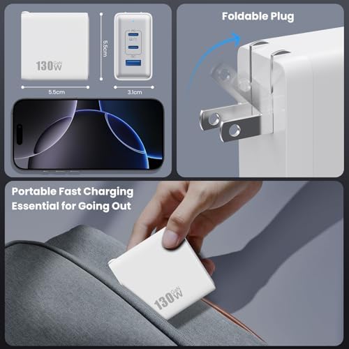 High-Power 130 W USB-C Charger Block | 3-Port Ga N Fast Charging Station | Compact Foldable Type C Wall Charger for Laptop, i Phone 16/15, i Pad Pro & Galaxy Series | Efficient PD QC Charging Solution for On-the-Go Connectivity