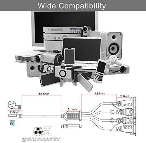 KUNCAN 4-Way Power Splitter with 45-Degree Downward Angle—Maximize Outlet Efficiency with Compact US Flat Plug Design, 1 to 4 Extended Outlets, Durable SVT 16 AWG Cable, Ideal for Home, Office & Classroom Use (Black, 1-Pack) – Sleek, Space-Saving Power Solution for Enhanced Device Connectivity and Optimal Clutter Reduction