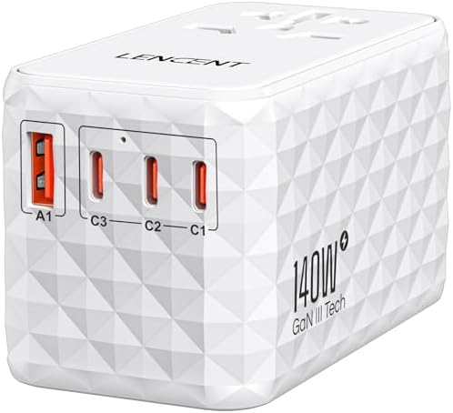 85 W Universal Travel Power Adapter with Retractable USB-C Cable – Optimal Fast Charging Hub for Global Use, Featuring 4 Ports for Seamless Connectivity in US, EU, UK & Beyond, Engineered for On-the-Go Professionals Seeking Efficiency and Versatility