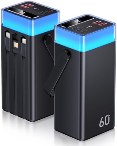 High-Capacity 60000 m Ah Fast-Charging Power Bank with Built-in Cables – Ultimate Portable Charger for i Phone, Samsung Galaxy, and More – Ideal for Travel, Camping, and Outdoor Adventures with Enhanced Compatibility and Efficiency