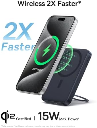 Baseus Qi2 Mag Safe Ultra-Slim Power Bank for i Phone 16/15/14/13/12 – 15 W Fast Wireless Portable Charger with Magnetic Design and 360° Rotatable Stand – 5000 m Ah Battery Pack for On-the-Go Charging – Sleek Black Finish and Enhanced Compatibility