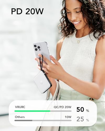 VRURC 20000 m Ah Portable Power Bank with Integrated Cables – Ultimate Travel Companion for i Phone 11-16 & Samsung Galaxy Series – Rapid 22.5 W Fast Charging Efficiency, Compact Design for On-the-Go Convenience – Essential Battery Pack for Uninterrupted Connectivity
