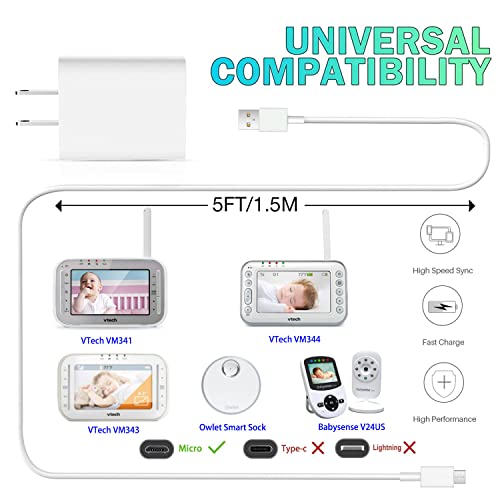Reliable 5 V AC Replacement Charger Cable for Motorola Baby Monitors – Compatible with eufy, VAVA, and VTech Models VM341, VM343, VM344 – 5 FT USB Micro Power Cord for Enhanced Flexibility and Performance – Durable, High-Quality Baby Monitor Accessory for Continuous Monitoring and Peace of Mind