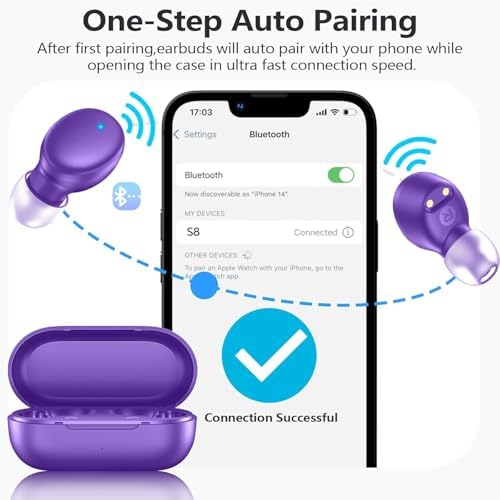 Ultra-Lightweight MOZOTER S8 Mini Wireless Earbuds – Bluetooth 5.3 Headphones with 60 Hours Playtime, Deep Bass Performance, Sweat-Resistant Design in Trendy Purple, Optimal Comfort for Sports & Daily Use