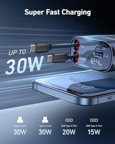 Revolutionize Your Road Trips with the UYOUNG 100 W Retractable Car Charger – 4-in-1 Fast Charging Solution with Dual 31.5-Inch Cables & Dual USB Ports for i Phone 15/14/13/12/11 Pro Max, Samsung, Pixel, and More – Ultimate Compatibility & Speed for Modern Travelers