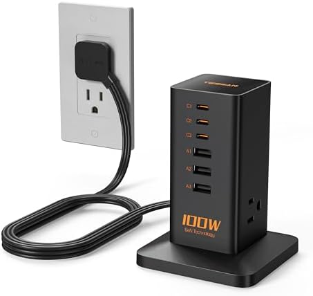 TESSAN 30 W 9-in-1 Multi-Device Charging Station with Surge Protection – Ultimate Charger Block for i Phone 16/15/14/13, Tablets, and Earphones – 5 ft Flat Extension Cord with 4 USB A & 2 USB C Ports – Compact Design for Home, Office, or Dorm – Enhanced Safety and Efficiency